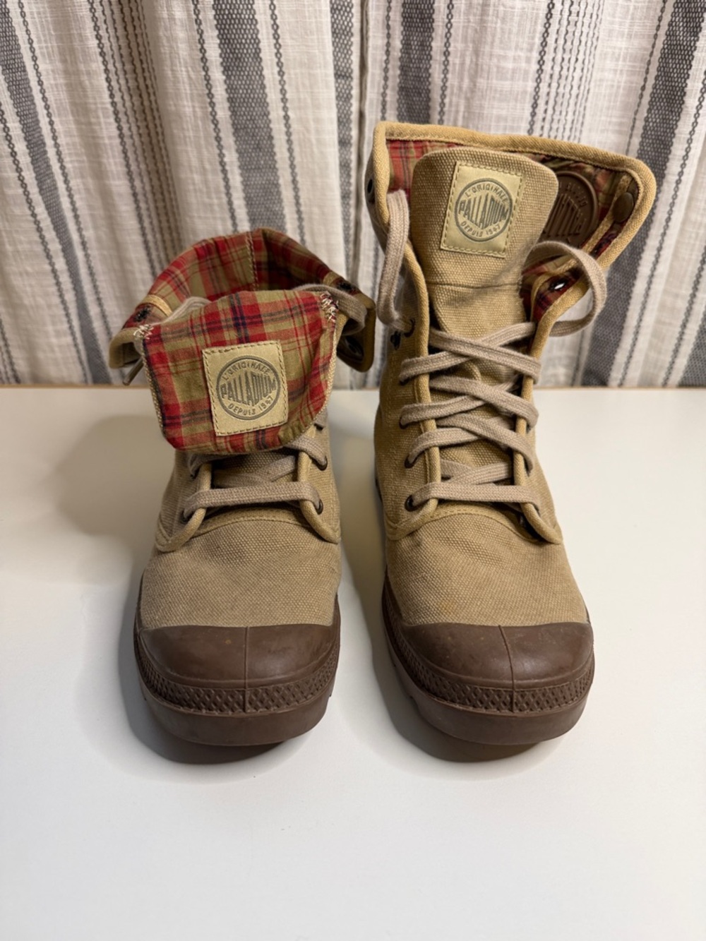 Very clean Palladium Tan Canvas Fold-Over Boots with Red Plaid Lining.